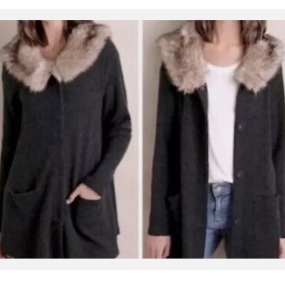 MOTH Anthropologie Charcoal Wool Sweater Coat Cardigan Jacket Faux Fur Collar